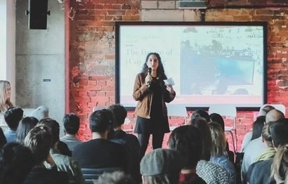 Hana, whom I met through Factory Berlin&rsquo;s group matchmaking. She founded travelogue to plan events, seminars, workshops, etc. Photo: travelogue