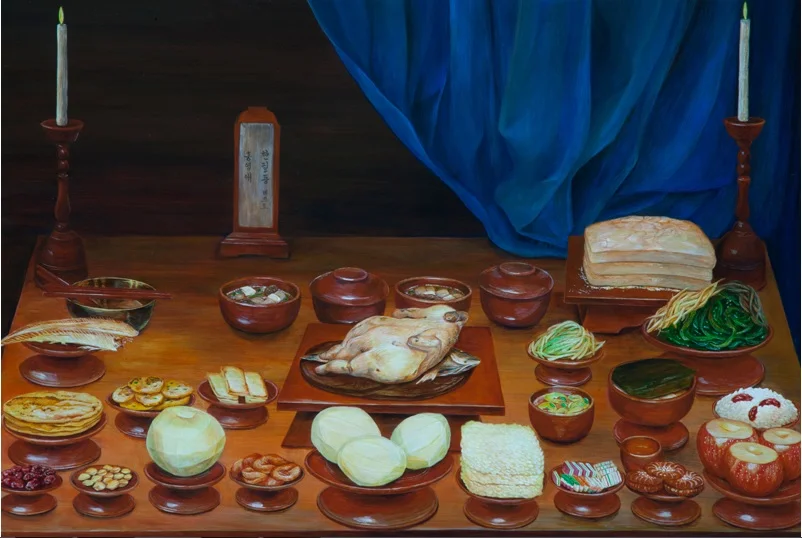 Yukako Kondo, Ahnenritual-Tisch der Familie Han, Acryl auf Baumwolle auf Holzpanel, 51,5 X 72,5 cm, 2012