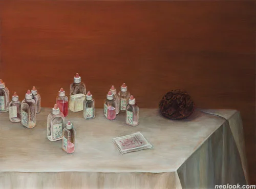 Yukako Kondo, Still Life with Pet Bottles, Acryl auf Baumwolle auf Holzpanel, 39 X 54,5 cm, 2010