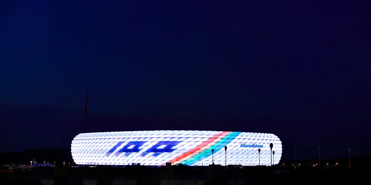 The Allianz Arena, Munich&rsquo;s FC Bayern stadium, brightly lit to welcome the &lsquo;IAA Mobility&rsquo; event. Photo=iaa.de